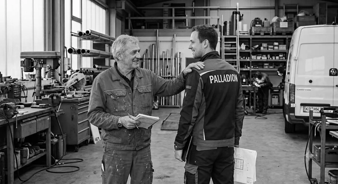 Ein erfahrener Meister und ein junger Handwerker im Gespräch in einer Werkstatt
